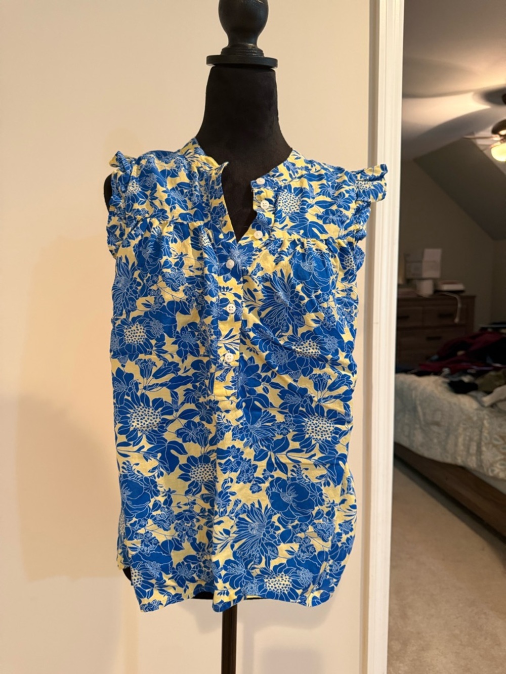 J. Crew Factory Blue and Yellow Floral Ruffle Sleeve Blouse